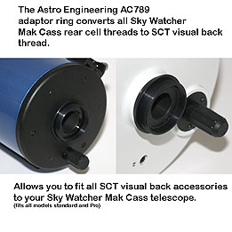 AC789 adaptor ring to convert Sky Watcher rear cell thread to SCT visual back thread AC789 adaptor ring to convert Sky Watcher rear cell thread to SCT visual back thread